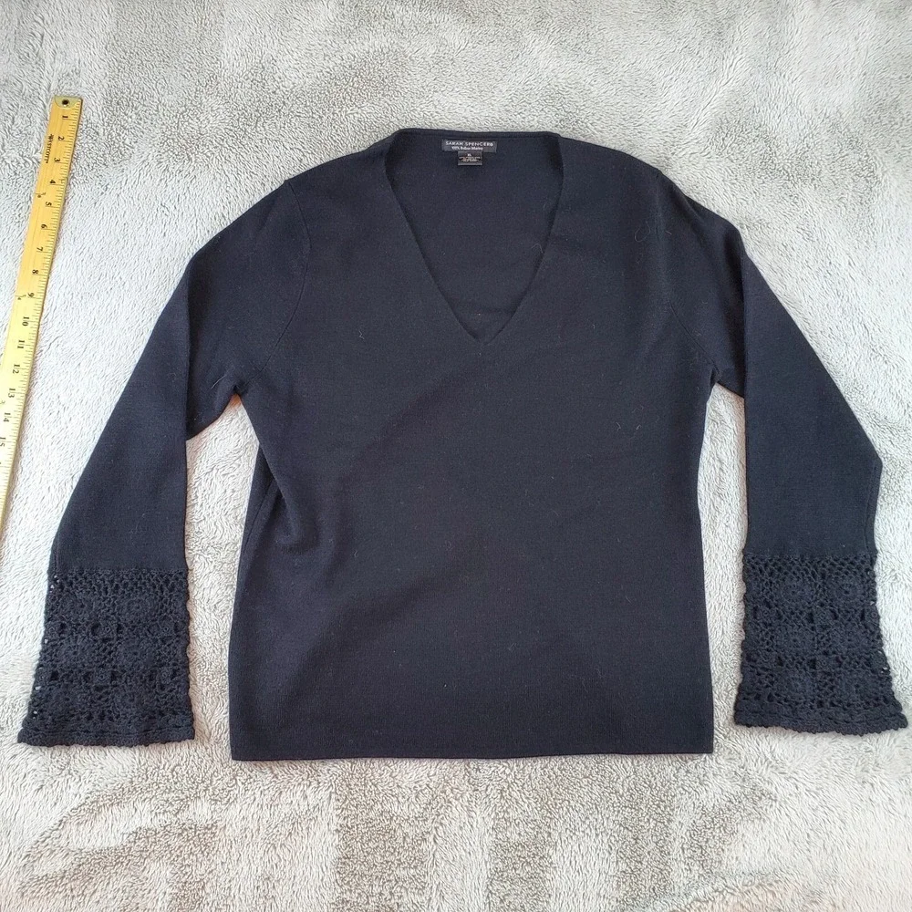 Sarah Spencer Merino Wool Sweater Women XL Crochet Lace Bell Sleeve V-Neck Black